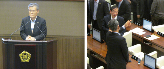  (좌)성동구 제1선거구 곽재웅 의원의 신상발언 모습과  (우) 정례회 이후 박원순 시장과 곽재웅 의원의 모습    &copy; 김아름내