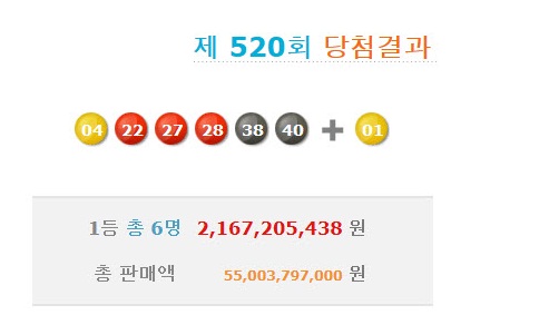  로또 520회 추첨 번호 