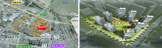 영등포구 상아, 현대아파트 재건축 위치도(좌)와 조감도(우)