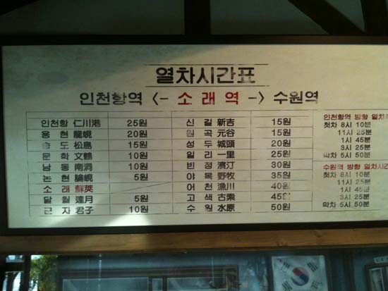 소래역사관에는 소래역 대합실을 재현해 놓고 있었다. 이곳에 근무하는 직원의 설명에 따르면 이 요금표는 70년대 말경 요금표라는 것.  ⓒ 추광규 