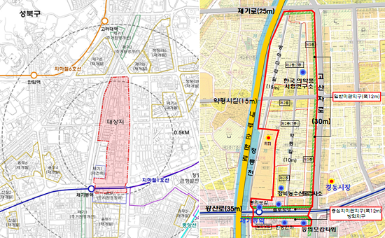 서울약령시 한방특정개발진흥지구 위치도(좌), 결정도(우) 