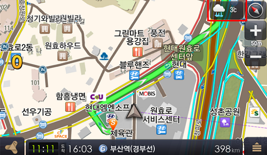 지도화면 : 날씨/온도 아이콘 표시(날씨 메뉴 호출 버튼)