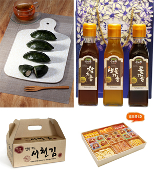 ▲ (시계방향으로) 모시송편, 참ㆍ들기름, 한과, 김