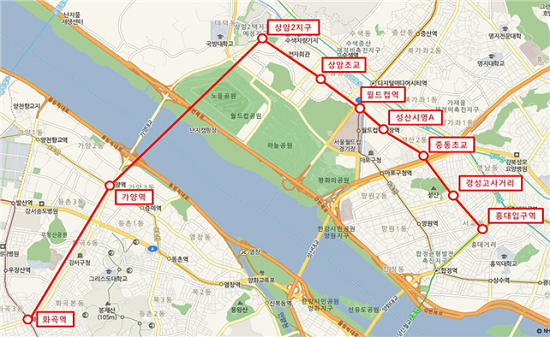 서북권(홍대입구)-서남권(화곡) 연결 도시철도 예상 노선도 