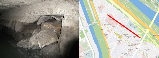  바닥슬래브가 파손된 하수암거 모습(왼쪽) 공사예정구간 위치도(오른쪽)