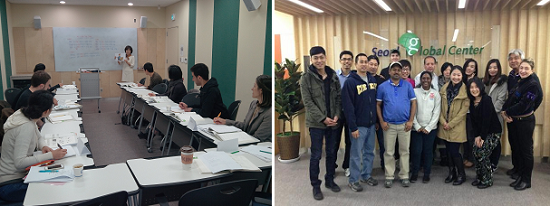 한국어 교실 수업(왼쪽), 글로벌센터 로고 앞 수강생들(오른쪽)