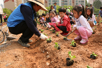 2013년 문래동 텃밭 개장식에서 어린이들이 모종하는 모습