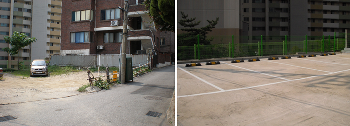 은평구 갈현동 일대 8면 조성 전(왼쪽) 조성 후(오른쪽)