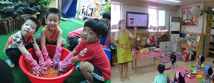 천연 염색하기 직접 체험(사진 왼쪽) 다문화 요리수업(사진 오른쪽)