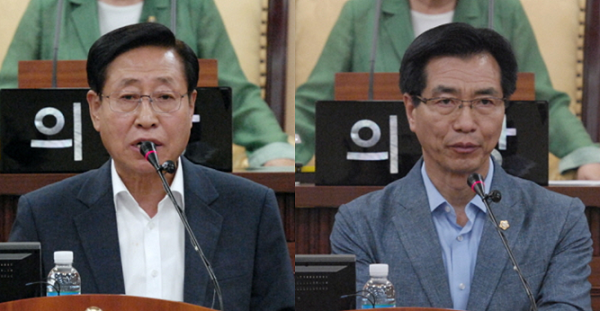 27일(월) 4선 의원으로 영등포구의회 제7대 후반기 의장에 당선된 이용주 의원(사진 왼쪽)과 역시 4선 의원으로 부의장에 당선된 고기판 의원(사진 오른쪽) &copy;영등포구의회 