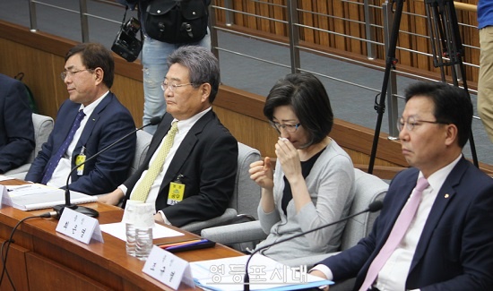 의원들의 질문에 즉답을 피해가던 최은영 전 한진해운 회장(사진 오른쪽에서 두 번째)이 눈물을 훔치고 있다. ⓒ영등포시대