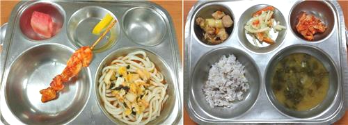 ▲ 대전 봉산초 급식 : 부실 급식으로 논란을 빚은 사진과 이후 달라진 급식 사진     &copy;봉산초 비상대책위 