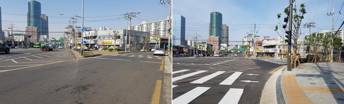 영등포구는 문래동 하나은행(경인로 725) 앞 교통섬을 철거하고 양방향 2차로로 운영되는 신호교차로 신설했다. 교통섬 철거 전(사진 왼쪽)과 철거후의 모습(사진 오른쪽) 