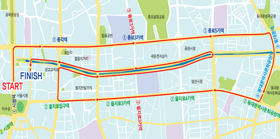  서울광장(start)→종로→흥인지문→동대문역사문화공원→을지로→광교→청계천로→청계5가→모전교→서울광장(finish) 서울광장(start)→종로→흥인지문→동대문역사문화공원→을지로→광교→청계천로→청계5가→모전교→서울광장(finish)