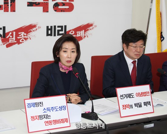 자유한국당 나경원 원내대표(사진 왼쪽)가 10일 국회에서 기자 간담회를 열고 연동형 비례대표에 대한 반대의 뜻을 밝히고 있다. ⓒ영등포시대 