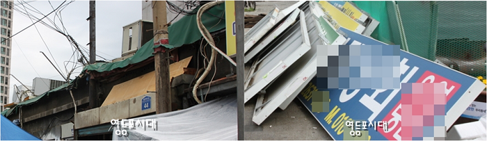 전기선이 정리된 모습(오른쪽), 상인들이 아직 찾아가지 않은 간판(6월 10일 오전 현재) Ⓒ영등포시대 