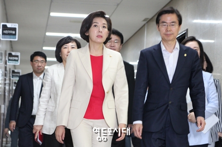 29일 오전 나경원 자유한국당 원내대표가 최고위원회의를 위해 회의장으로 향하고 있다. Ⓒ영등포시대 