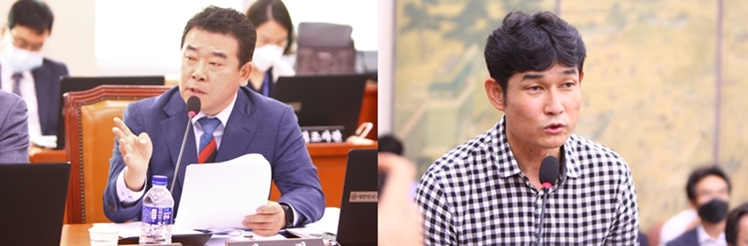 6일 열린 문체위 1차 전체회의에서 故 최현숙 선수 가혹행위에 대해 추궁하고 있는 박정 의원(사진 왼쪽)과 가혹행위를 부인하고 있는 김규봉 감독 Ⓒ영등포시대 