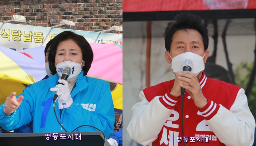 민주당 박영선 서울시장 후보(왼쪽)와 국민의힘 오세훈 서울시장 후보(오른쪽)