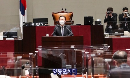 국민의힘 주호영 당 대표 권한대행이 16일 국회에서 열린 의원총회에서 모두 발언을 하고 있다. Ⓒ국민의힘 홈페이지 갈무리 