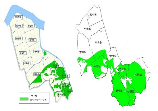 서울시가 토지거래허가구역으로 재지정한 강남구(왼쪽)와 서초구(오른쪽) 자연녹지지역 토지