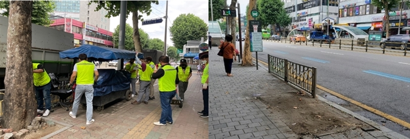 ▲노점 시설물을 철거하고(왼쪽 사진) 노점상이 있던 자리(왼쪽)를 깨끗이 정리했다. 