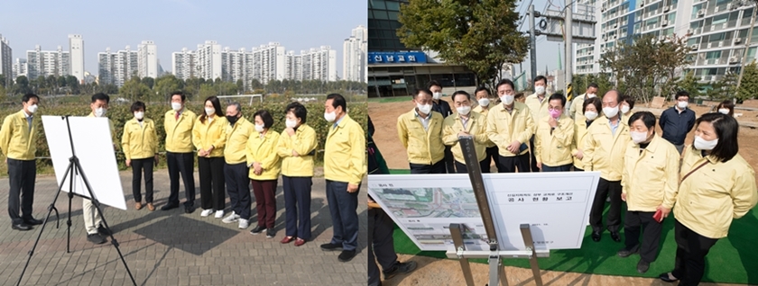 ▲10월 26일 지역 현안과 관련된 주요 시설 현장을 방문한 영등포구의회 행정위원회• 사회건설위원 위원들이 각각 기념사진을 찍고 있다. Ⓒ영등포구의회
