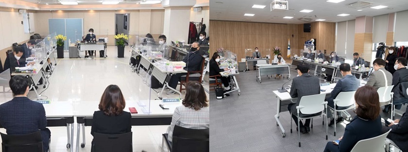 행정위원회 행정사무 감사(사진 왼쪽), 사회건설위원회 행정사무 감사(사진 오른쪽) 모습