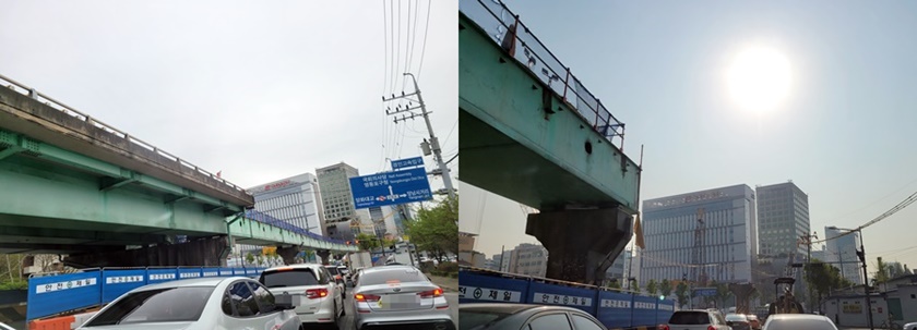 ▲경인고속도로 입구 사거리 경인고가 철거 전(왼쪽)과 부분 철거 후인 4월 19일 오전(오른쪽) 모습 Ⓒ영등포시대