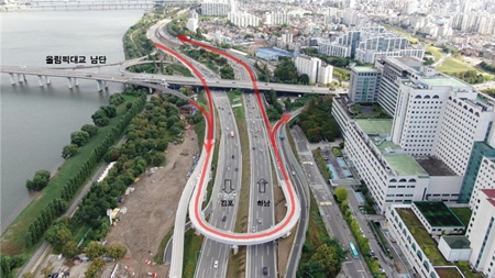 ▲10월 31일 12시에 개통되는 올림픽대교 남단IC에 U턴 연결 램프(1.9㎞) Ⓒ서울시