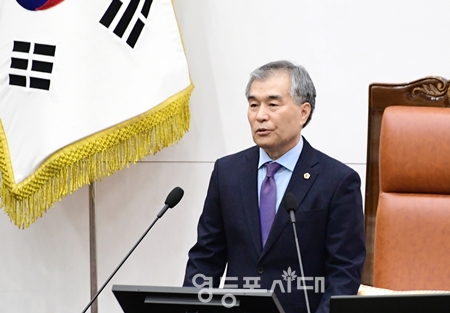 ▲김현기 서울시의회 의장이 2월 20일 임시회 개회사를 통해 신년사 등을 통해 밝힌 “서울시정과 교육행정에 관한 ‘3불 원칙’을 거듭 강조하고 있다. Ⓒ영등포시대