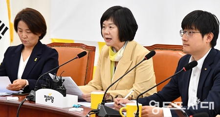 ▲이정미 대표(사진 가운데)가 4월 20일 국회에서 열린 상무집행위원회 모두 발언에서 “‘공공매입특별법’ 당장 필요하다”라고 강조하고 있다. Ⓒ영등포시대  