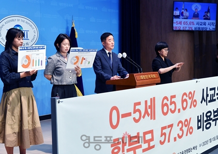 ▲민주당 강득구 국회의원(사진 오른쪽)이 7월 10일 국회 소통관에서 기자회견을 열고 사교육비 대안을 제시하고 정부의 대책 마련을 촉구하고 있다. Ⓒ영등포시대