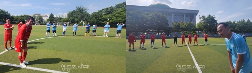 ▲영등포 체육회 오성식 회장(사진 왼쪽)과 국회 출입기자 구영회 단장(사진 오른쪽)이 각각 인사를 하고 있다./이미지=국회 출입기자 축구단