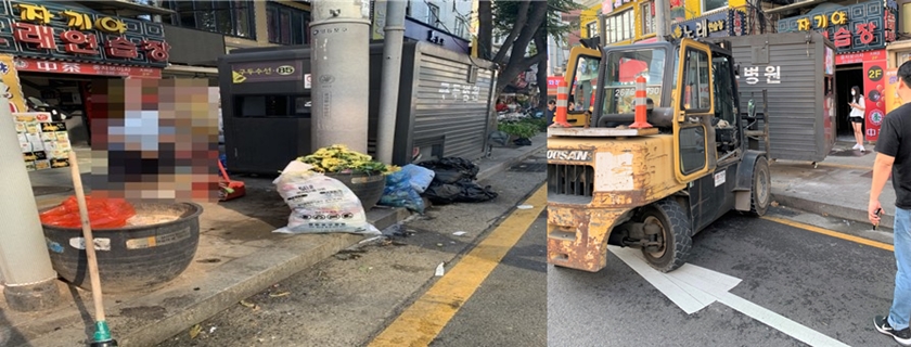 ▲가로 화분, 보도상영업시설물(구두 수선대)이 이전되기 전 모습(사진 왼쪽), ▲보도상영업시설물(구두 수선대)을 이전하고 있는 모습(사진 오른쪽)