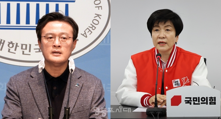 ▲4일 민주당 채현일 후보(왼쪽)와 김영주 의원(오른쪽)이 각각 탈당 비판 기자회견과 국민의힘 입당식을 하고 있다. Ⓒ영등포시대