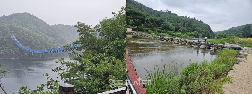 ▲충북 진천군이 5월 12일 개통한 ‘초평호 미르 309’(왼쪽)와 진천의 명소 농다리(오른쪽)Ⓒ영등포시대