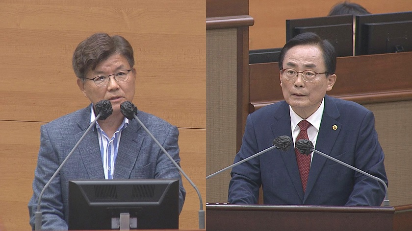 ▲김형재 시의원(오른쪽)이 서울시설관리공단 이사장을 상대로 질의를 하고 있다