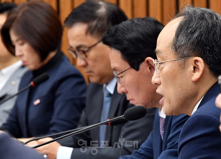 ▲추경호 국민의힘 원내대표(오른쪽)가 지난주 국회 법사위에서 추진한 법안과 운영위원회에서 채택한 국감 증인 등에 대해 강하게 비판하고 있다. Ⓒ영등포시대