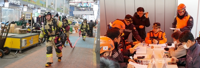 ▲영등포소방서가 20일, 설 명절 기간 다중 운집 장소인 영등포전통시장의 대규모 재난 예방을 위한 훈련을 시행하고 있다/이미지=영등포소방서 제공 