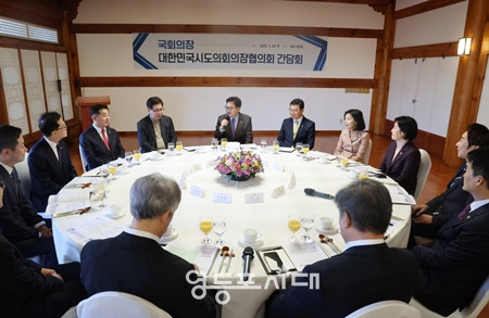 최호정 서울시의회 의장이 23일 국회 사랑재에서 열린 대한민국시도의회의장협의회와 국회의장과의 간담회에서 우원식 의장의 발언을 경청하고 있다./이미지=서울시의회 제공