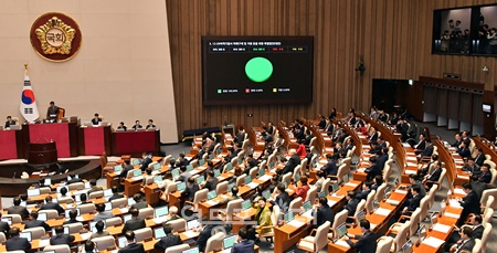 ▲17일 국회 본회의에서 12·29 여객기 참사 피해구제 및 지원 등을 위한 특별법이 통과되고 있다. ©영등포시대