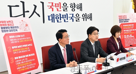 ▲권성동 국민의힘 원내대표가 4월 23일 국회에서 제21대 대선 공약으로 “부담은 낮추고 행복은 올리고 결혼부터 육아까지 든든한 대한민국”을 발표하고 있다. Ⓒ영등포시대 