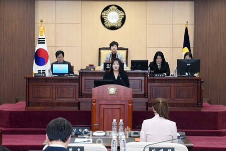 ▲차인영 영등포구의회 의원이 25일 구의회에서 열린 제260회 임시회 1차 본회의에서 5분 자유발언을 하고 있다. ⓒ영등포시대