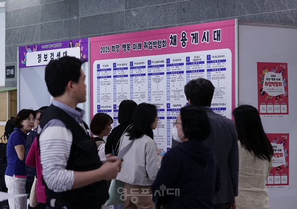 ▲취업 희망자들이 취업박람회장 앞에 설치대 채용 게시대를 바라보고 있다. Ⓒ영등포시대