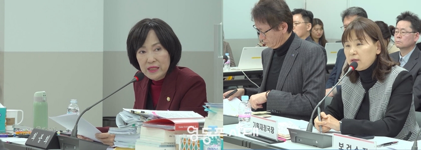 ▲2024년 11월 29일 진행된 행정위원회 행정사무 감사장에서 수의계약과 관련해 질의응답을 주고받는 최봉희 의원(왼쪽)과 영등포구 기획재정국장(왼쪽)/이미지=영등포구의회 영상 캡처