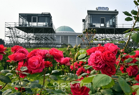 ▲6월 3일 치러지는 장미 대선을 앞두고 방송사들이 투개표 방송을 위해 국회 앞마당에 야외 스튜디오를 설치하고 있다. Ⓒ영등포시대
