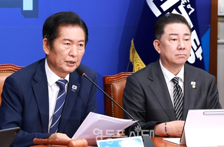 ▲정청래 대표가 9월 1일 국회에서 열린 최고위원회의 모두 발언에서 “민생 안정과 개혁 완수는 무엇 하나 소홀히 할 수 없는 국회의 책무다”라고 강조하고 있다. Ⓒ영등포시대