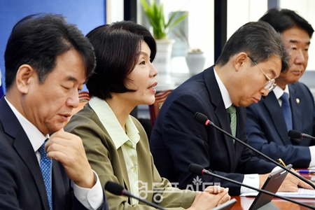 ▲한정애 민주당 정책위의장이 10월 21일 국회에서 국정감사 대책 회의 모두 발언에서 “한미 관세 협상은 우리가 감내할 수 있는 수준에서 합의가 도출되어야 한다”라고 강조하고 있다. Ⓒ영등포시대