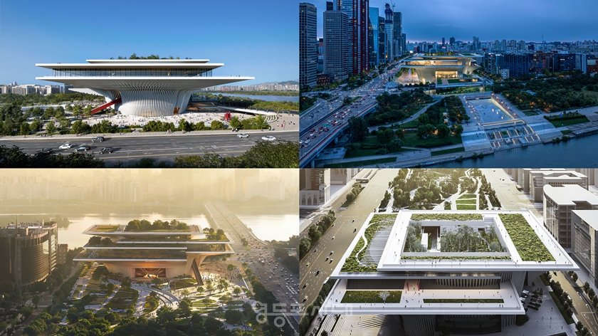 ▲당선작 조감도 ▲여의도공원 방향 ▲한강 방향 ▲여의대로 방향 ▲시민 전망대(Sky Foyer)(왼쪽부터 시계방향)